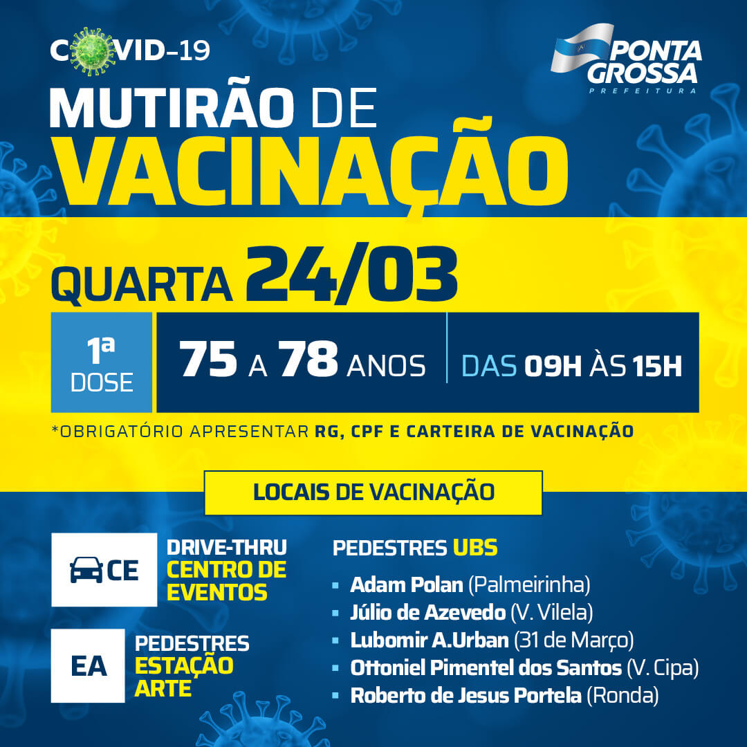 Idosos entre 75 e 78 anos receberão 1ª dose da vacina nesta quarta-feira (24)