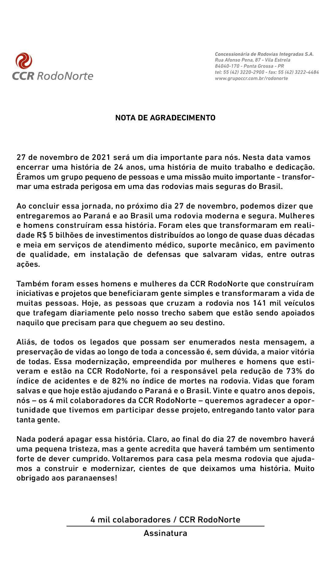 CCR RodoNorte emite nota de esclarecimento sobre o fim da concessão