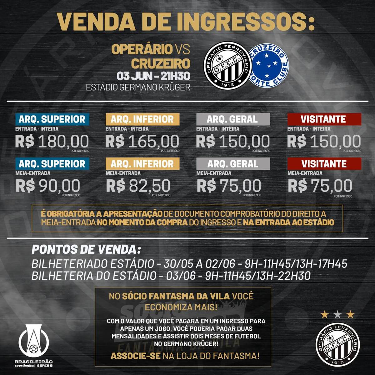 Ingressos para Operário x Cruzeiro estão à venda